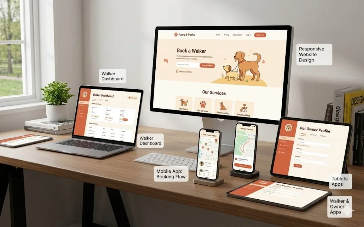 Paws & Path dog walking website and mobile app UI design